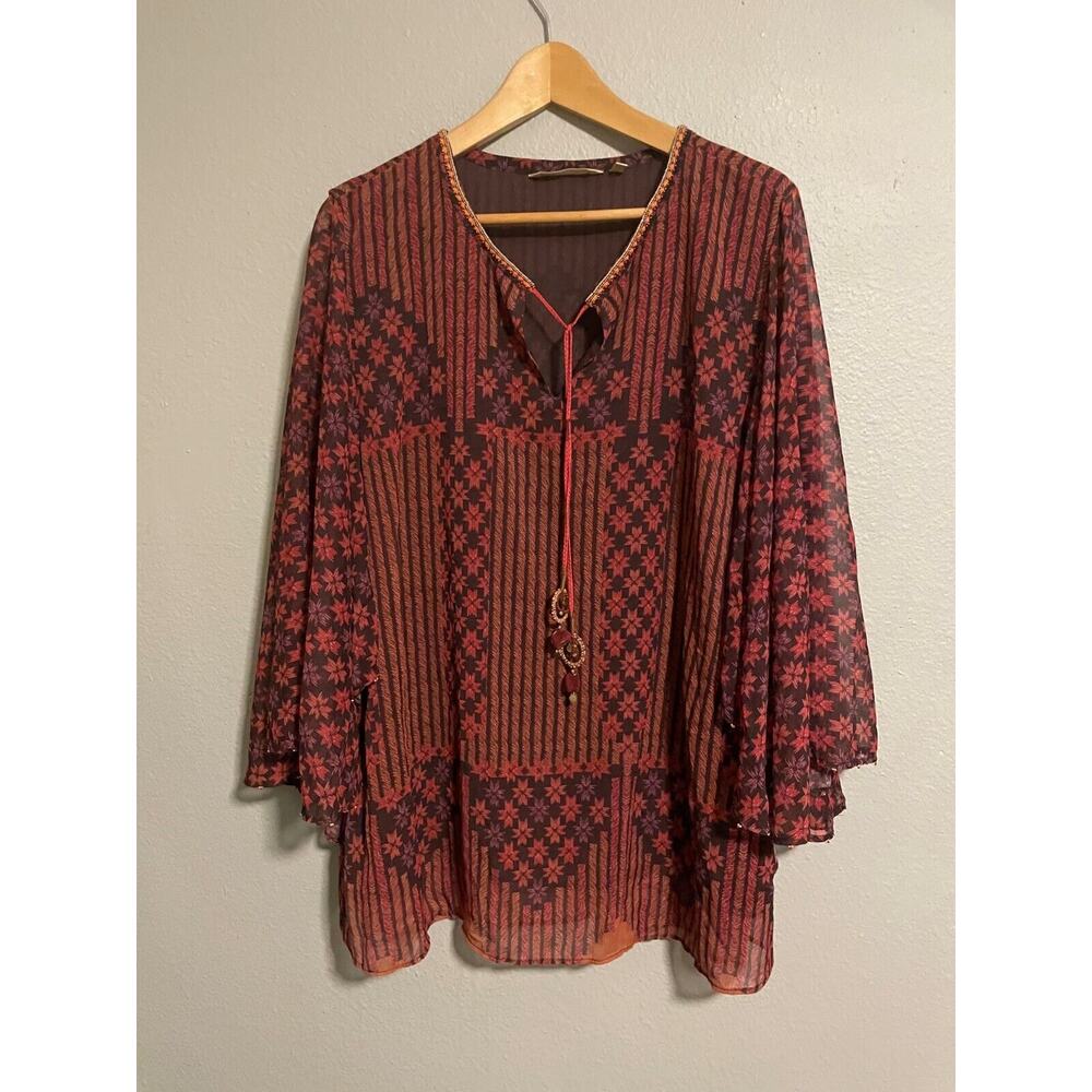Soft Surroundings Womens Poncho Top Large Burgundy Geometric Beaded Relaxed Boho